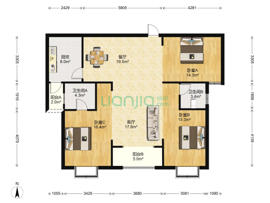 东尼公寓 3室2厅2卫 135平方