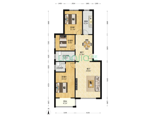世纪新城 3室2厅2卫 116平方