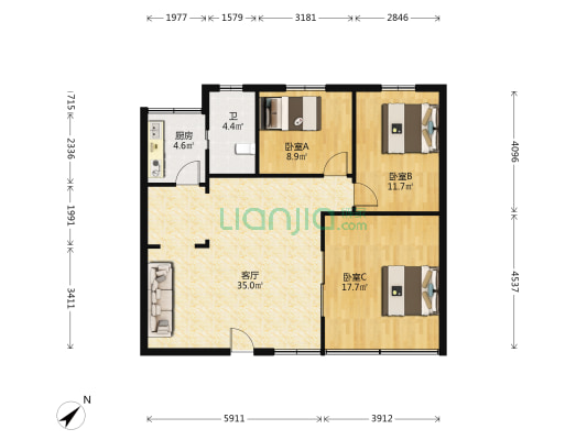 保税区家属楼 3室1厅1卫 95平方