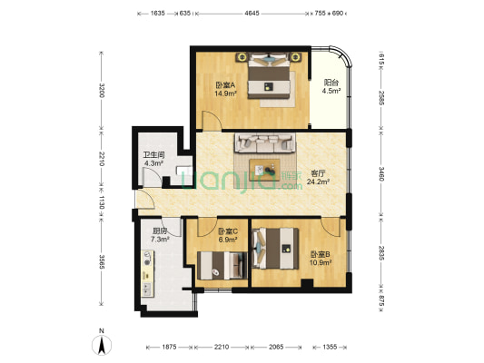 白金广场小区 3室1厅1卫 116平方