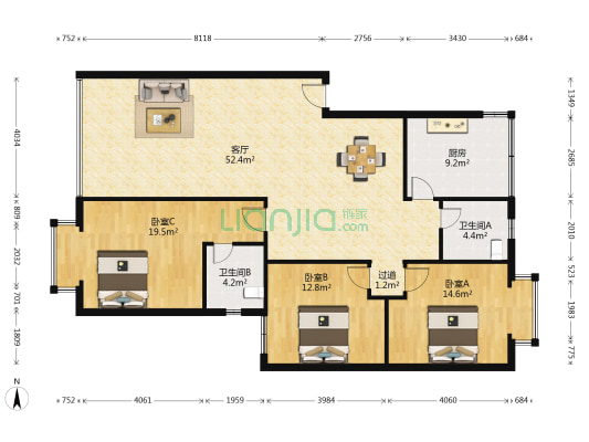 静康苑 3室1厅2卫 136平方