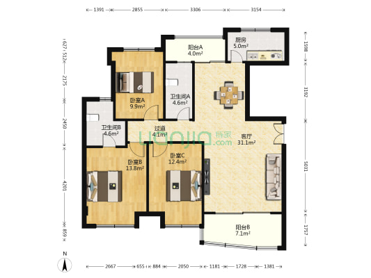 万家城 3室1厅2卫 118平方