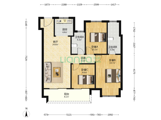 淮安旭辉广场 3室1厅2卫 111平方