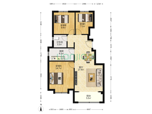 天铂瀞园 3室1厅1卫 100平方