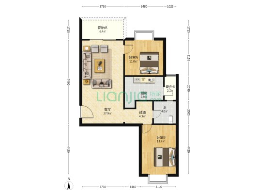 万科云上城一期 2室1厅1卫 108平方
