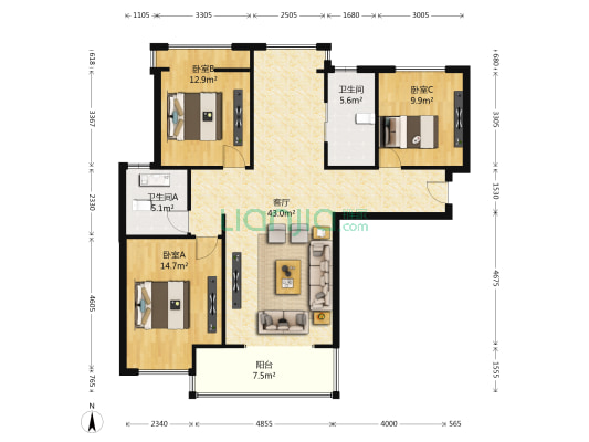 光明幸福天地 3室1厅2卫 117平方