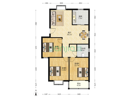 百盛花园 3室1厅1卫 115平方