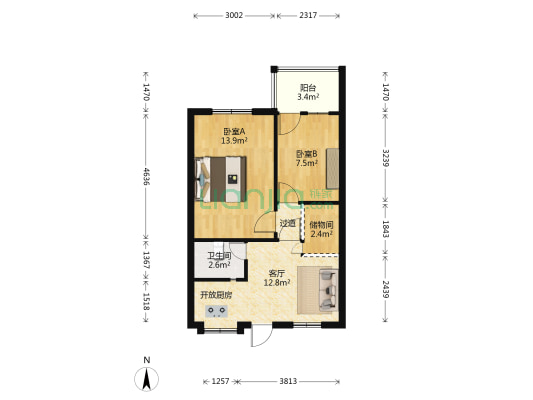 金城大厦 2室1厅1卫 62平方