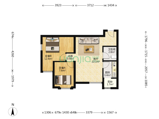 东亚望京中心 2室1厅1卫 84平方