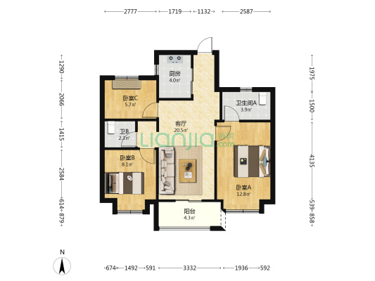 大东海·江山府 3室1厅2卫 83平方