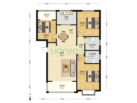 盛海华庭  3室2厅2卫 134平方