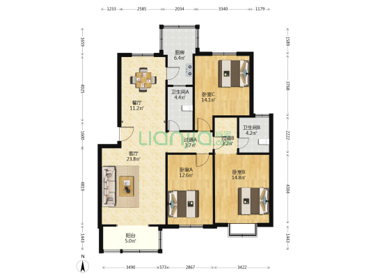 时代豪庭 3室2厅2卫 128平方