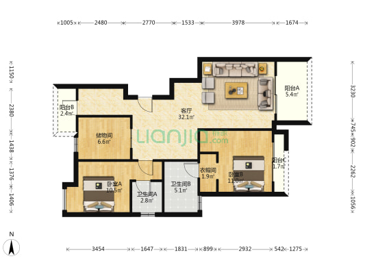 山河公馆 2室1厅2卫 92平方