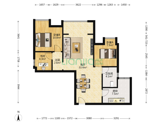 水岸花都兰馨苑 3室1厅1卫 89平方