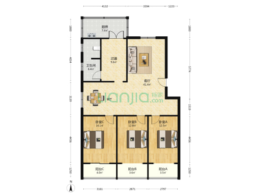 海河西路 3室1厅1卫 140平方