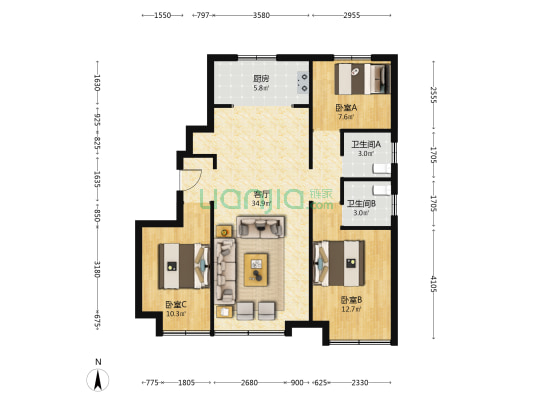 中建玖瓴 3室1厅2卫 105平方