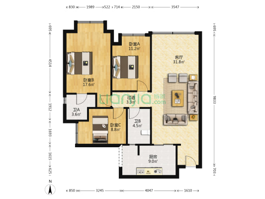 华宇城M16 3室1厅2卫 111平方