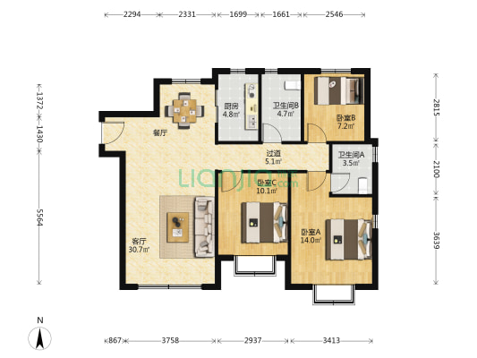 华航山海湖 3室1厅2卫 120平方