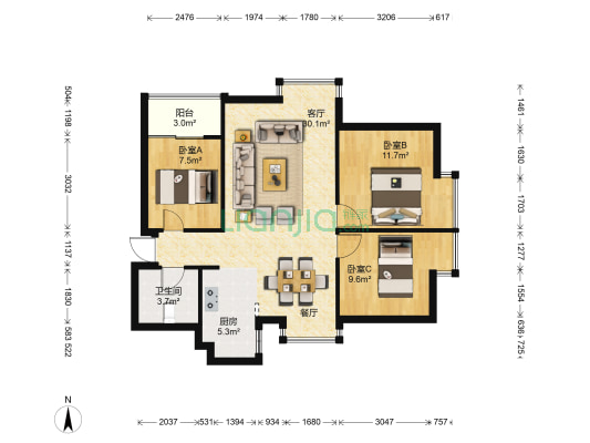 中产风尚中心 3室1厅1卫 92平方
