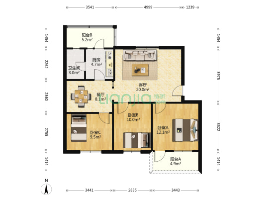 药检宿舍 3室2厅1卫 88平方