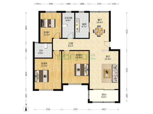 永新南苑 3室2厅2卫 131平方