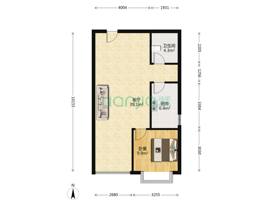 户型方正南向正规一居室，70年产权，采光视野无遮挡-户型图