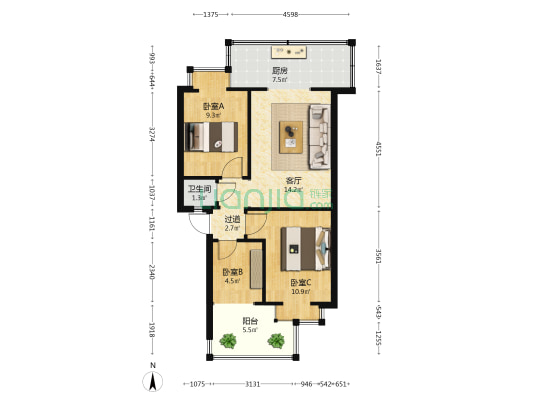 林业宿舍 3室1厅1卫 47平方