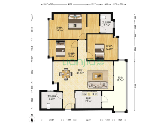 恒大绿洲 3室1厅2卫 125平方