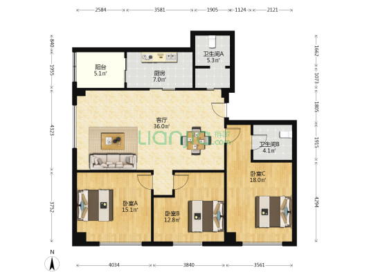 唐宁国际 3室1厅2卫 135平方