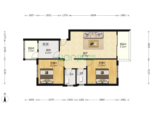 广海大道西 2室1厅2卫 95平方