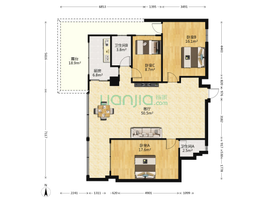 恒建大厦 3室1厅2卫 137平方