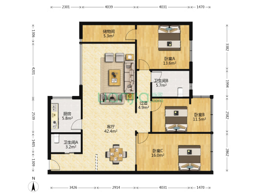 文化五村 3室1厅2卫 128平方