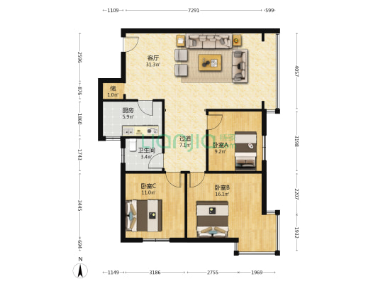 俊东花园 3室1厅1卫 107平方