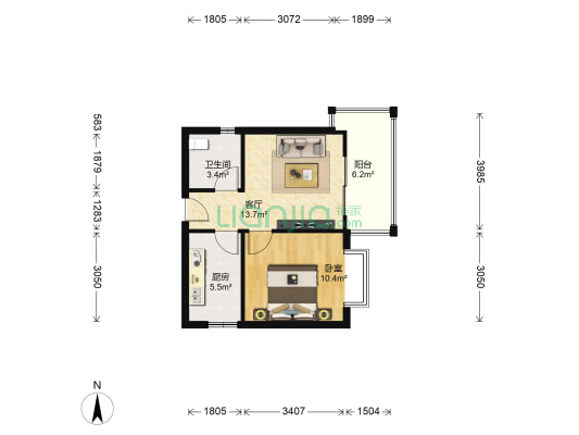 东虹路54号院 1室1厅1卫 48平方