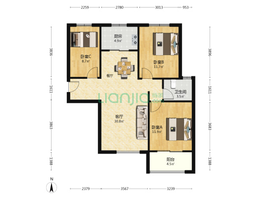 磨店家园同德苑 3室1厅1卫 110平方