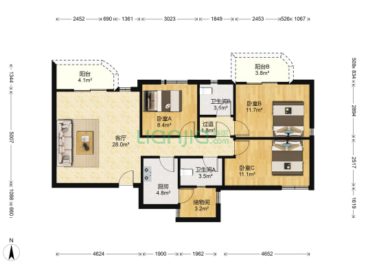 海滨广场 3室1厅2卫 120平方