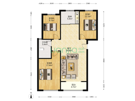 艺馨苑 3室1厅1卫 124平方