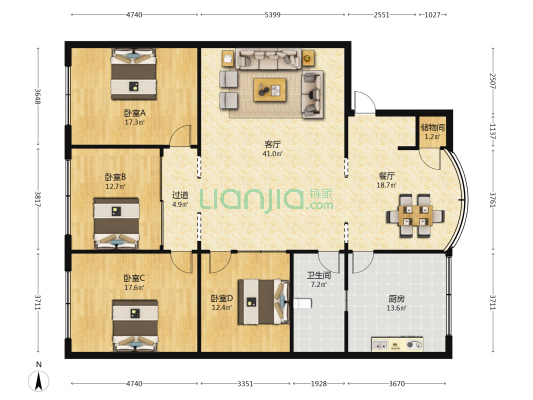 东升小区 4室2厅1卫 160平方