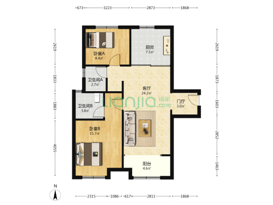 雪山万科城A7区归麓园 2室1厅2卫 100平方