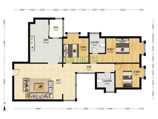 咸西新苑 3室1厅2卫 132平方