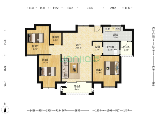 秀茂花园 3室1厅1卫 105平方