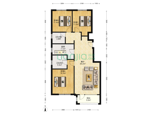 桃源新都孔雀城 3室1厅2卫 116平方