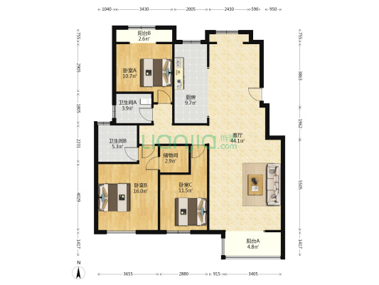 出售香邑溪谷洋房  三居双卫  采光好-户型图