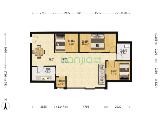 德心轩 3室1厅1卫 80平方