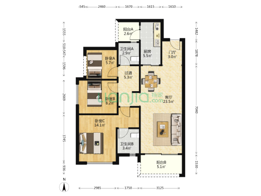 保利和堂玥 3室1厅2卫 96平方