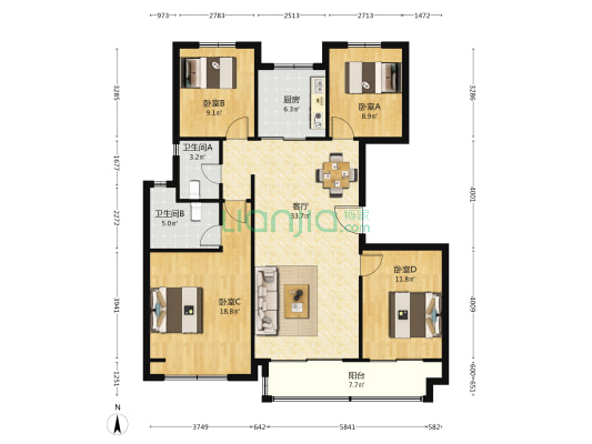 中梁壹号院 4室1厅2卫 129平方