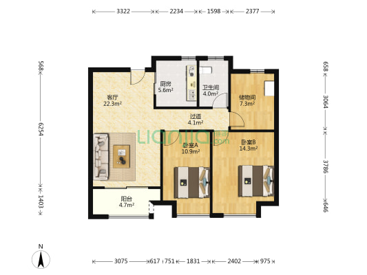 明发珠江国际 2室1厅1卫 94平方