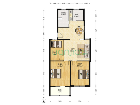 幸福小区(亭湖区) 3室1厅1卫 96平方