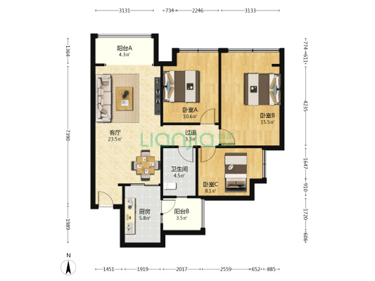 香木林宽景 3室1厅1卫 97平方
