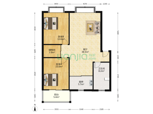 同馨花园D、E栋 2室1厅1卫 107平方